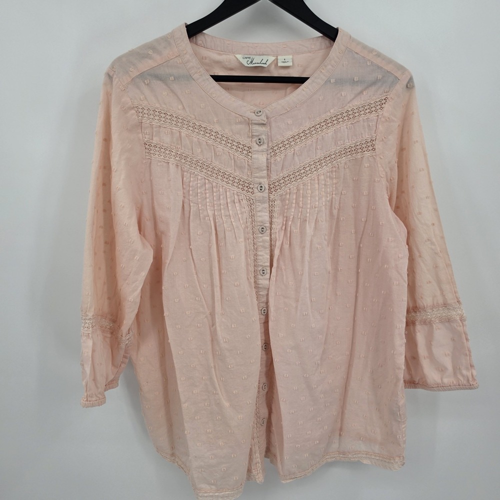 Caffe Marrakesh Sheer Button Peasant Top Cotton L Lace Pale Pink Swiss Dot Boho